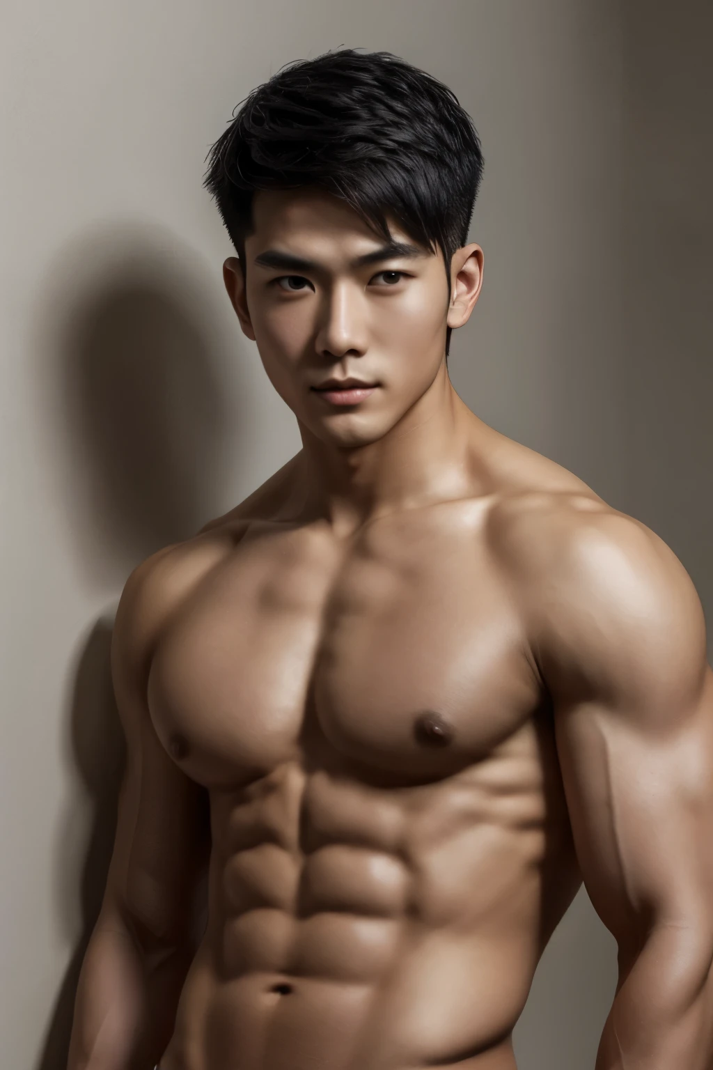 short detailed hair,shirtless half body,Chinese boy, musculature,Black hair,serius face,Handsome boys,