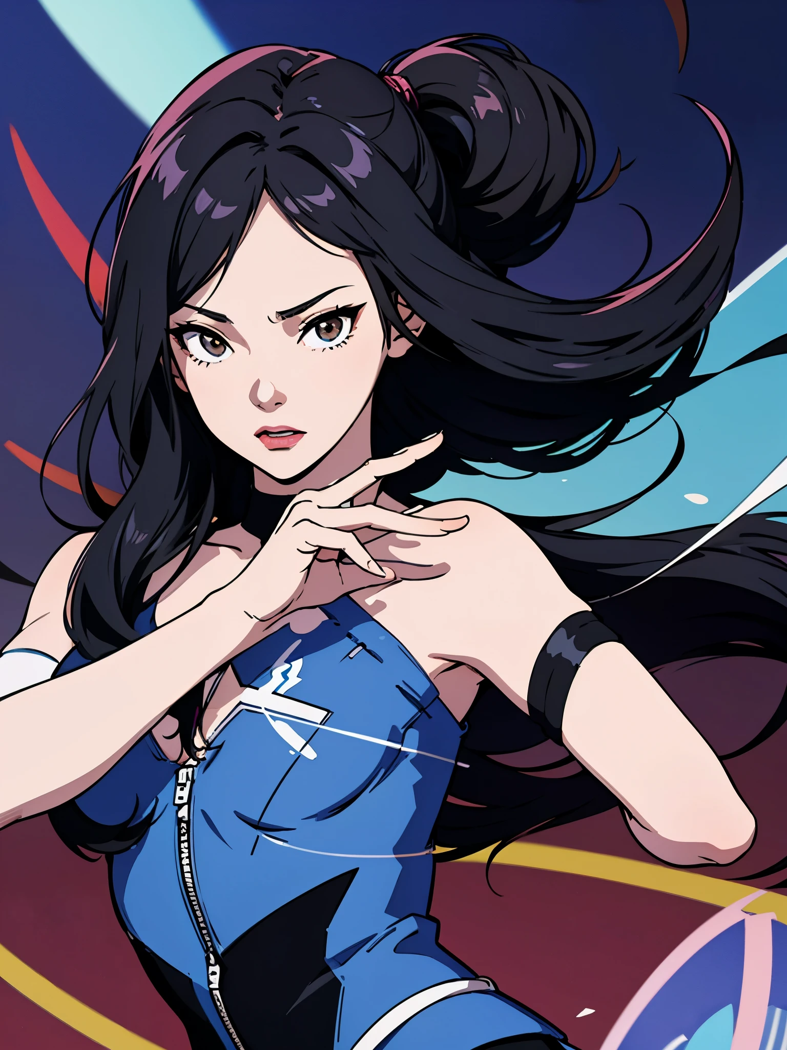 digital art drawing, illustration of (girl, long dark black hair mid part, brown eyes, sexy facial expression, flat chest, light blue corsette, single arm black sleeve, cyberpunk background), anime drawing/art, bold linework, illustration, digital art, masterpiece, flat illustration, no shadows, 8k resolution, high detail, vector art, only anime, perfect eyes, perfect hands, perfect fingers, sharpness, high clarity, medium close up, high fidelity