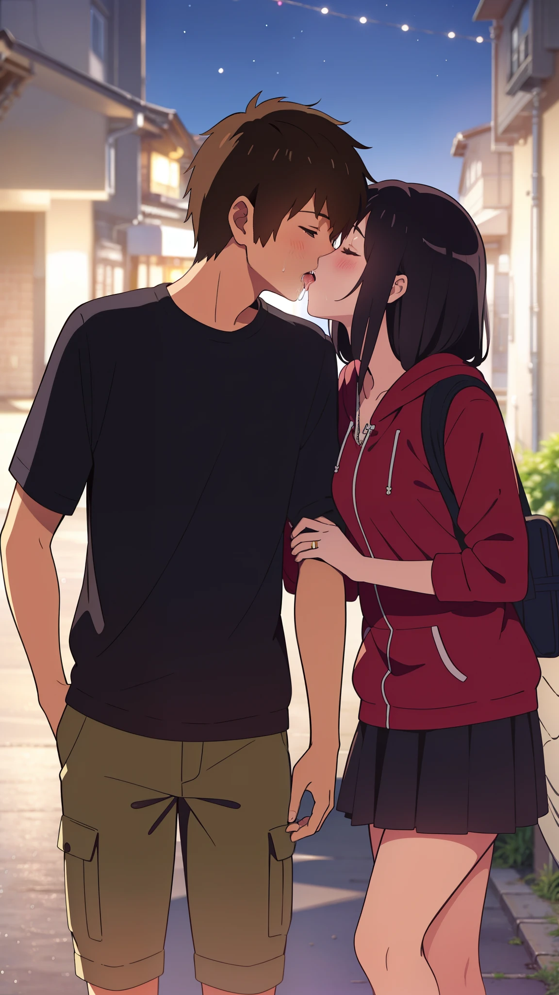 shinkai makoto, kimi no na wa., 1girl, 1boy, bangs, black hair, short hair, blush, casual clothes (boy wear shorts), ((girl wear skirt)), hood, hoodie, cute, love, couple, adorable, dating, (((kiss, deep kiss, saliva))), closed eyes, alley, night sky, upper-body portrait
