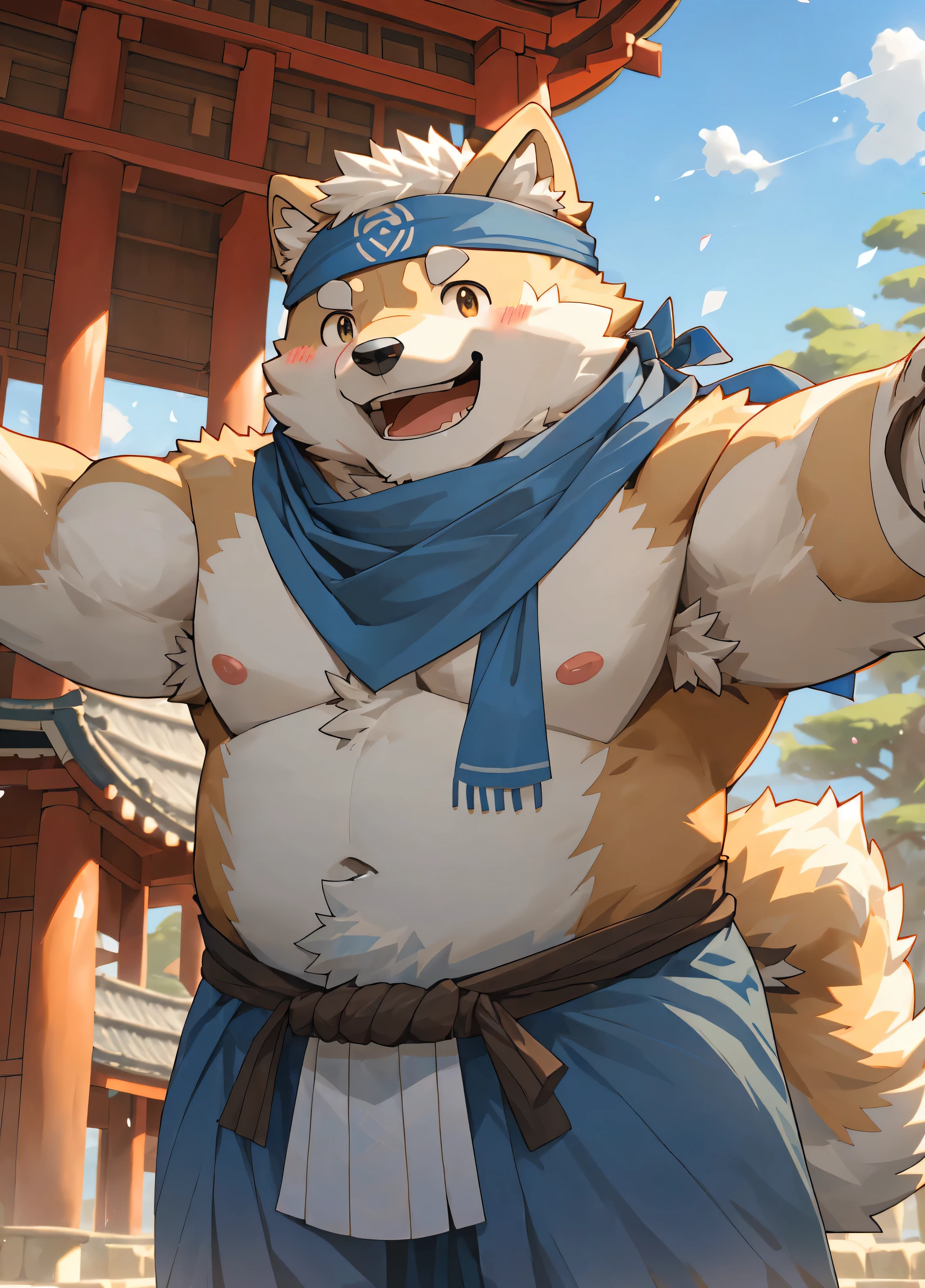 (masterpiece)，(Very detailed)，(best quality)，hairy，Shiba Inu，fur，white hair，Gray pupil，(Japan samurai attire)，((blue scarf))，((Brown Headband))，((Open your arms))，(blush:1.1)，happy，Smile，Temple Background，8k，(high quality)，(Ultra HD)，(Super detailed)