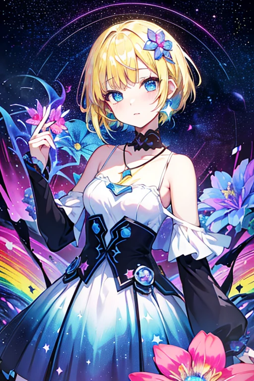 Melody Mark,highest quality、Tabletop、1 female、alone、(Abstract art:1.4),(Psychedelic Theme:1.6),(Gunjo World:1.5),(Lots of creatures:1.5),(Space World:1.5),(At the center of the world is the most beautiful woman in the world),(Many stars are falling:1.5),A ray of light spreads,Crystals spreading from the center,Prisma(Nostalgic scenery:1.5),(Colorful flowers:1.5),Garden Girl,Absurd, Very detailed,Bright colors, Very beautiful and detailed anime faces and eyes,short hair,Asymmetrical bangs, Blonde hair in short pigtails, Shiny Hair, Delicate and beautiful face, blush、blue eyes, White skin, Valletta, Earrings, necklace,