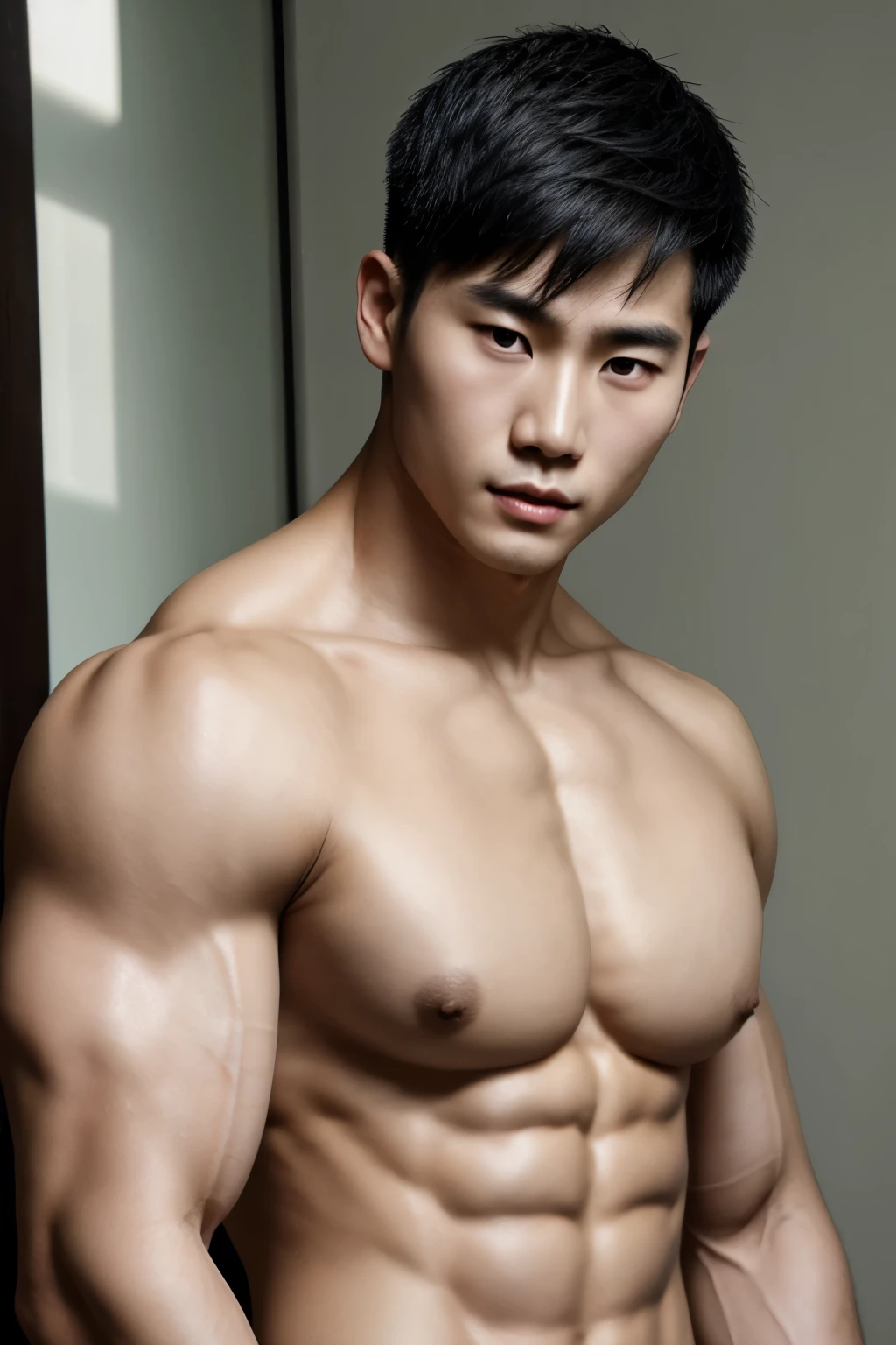 short detailed hair,Naked upper body,white skin, musculature, huge breast, Chinese boy, musculature,Black hair,serius face,Handsome boy,