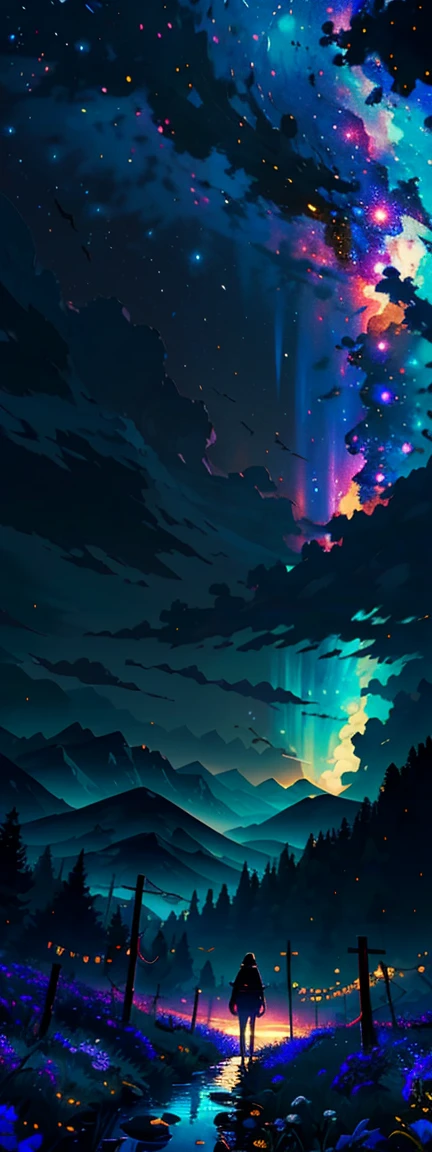 A wide landscape photo, (viewed from below, the sky is above, and the open field is below), a girl standing on a flower field looking up, (full moon: 1.2), (meteor: 0.9), (nebula: 1.3), distant mountains , Trees BREAK Crafting Art, (Warm Light: 1.2), (Firefly: 1.2), Lights, Lots of Purple and Orange, Intricate Details, Volumetric Lighting BREAK (Masterpiece: 1.2), (Best Quality), 4k, Ultra Detailed, (Dynamic Composition: 1.4), Rich in Detail and Color, (Rainbow Color: 1.2), (Glow, Atmospheric Lighting), Dreamy, Magical, (Solo: 1.2)