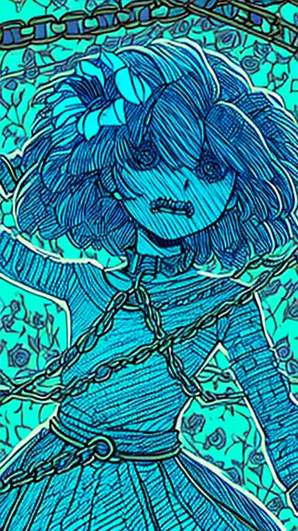((Background made up of chains and flowers))、scribble, nightmare, Doll-like face, Manga style, rough sketch, Horror elements, (masterpiece), (High resolution), (Very delicate), (clear), Manga style illustration, (drawing style), Japanese painting, My whole body is scary, (spooky), Japan sculpture,crazy illustration, Flat Illustration, spookyな外観, Characteristic hairstyle, Unique atmosphere、Small eyes、（Flat Chest）, ((Muddy hair)),Chains wrapped around the body、(Stitched Body))、Open your arms,Skin full of stitches,restrained by thick chains、Colorful clown costumes、Bold Pose
