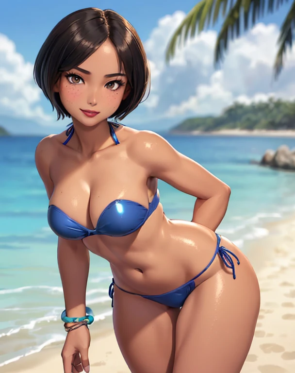 (best quality, masterpiece:1.3), 1girl, solo, ((26 year old:1.3, Filipino Woman:1.3, short black hair:1.3, Amber eyes:1.2, Detailed face, Detailed eyes, tanned bronze skin:1.08, medium breasts, narrow waist, wide hips, curvy, agile physique:1.08, Perfect Anatomy, (mature female),(shiny skin), glossy lips, lipstick, (Wearing: Strapless Blue bikini bra, Blue Bikini bottom, bracelets:1.2)), (Character Focus),Perfect Anatomy,(Professional Lighting), Looking at Viewer, (hands on hips), (Smiling),blush,(super detailed skin), dynamic pose, (Background: outdoors, beach of the Philippines), full body,