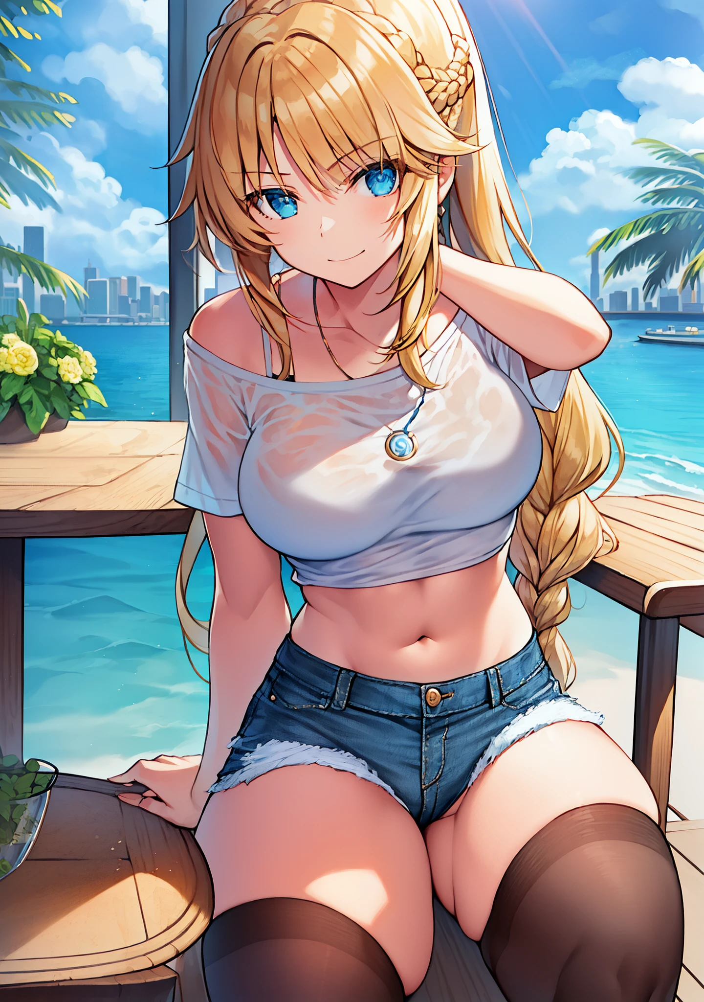 (masterpiece, best quality, ultra-detailed), swept bangs, braid, braided bangs, (wearing a t-shirt:1.2), sitting on a chair outside of caf, embracing the natural beauty, sunlight, beautiful cloudy sky, city, street, denim shorts, black stocking,
medium breasts, thick thighs, critical angle, cowboy shot, arm behind head, arm behind back, armpits, light smile, crop top, strong and seductive expressions,,