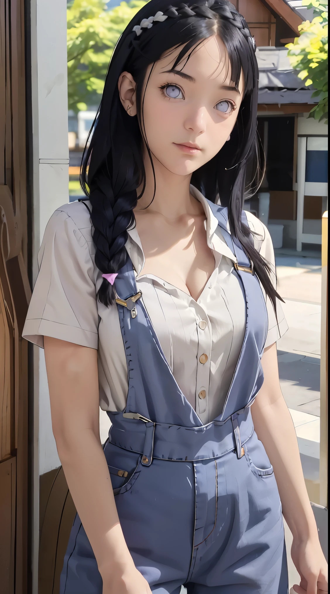 tmasterpiece， best qualityer， ultra - detailed， illustration，1girll，
long whitr hair，dark-blue hair，french braid，Purple eye，bluntbangs，cleavage，Large breasts
shirt，（jeans overalls：1.1），
mideum breasts， 
looking at viewert，hyouka/（Boruto/），Detailed lips