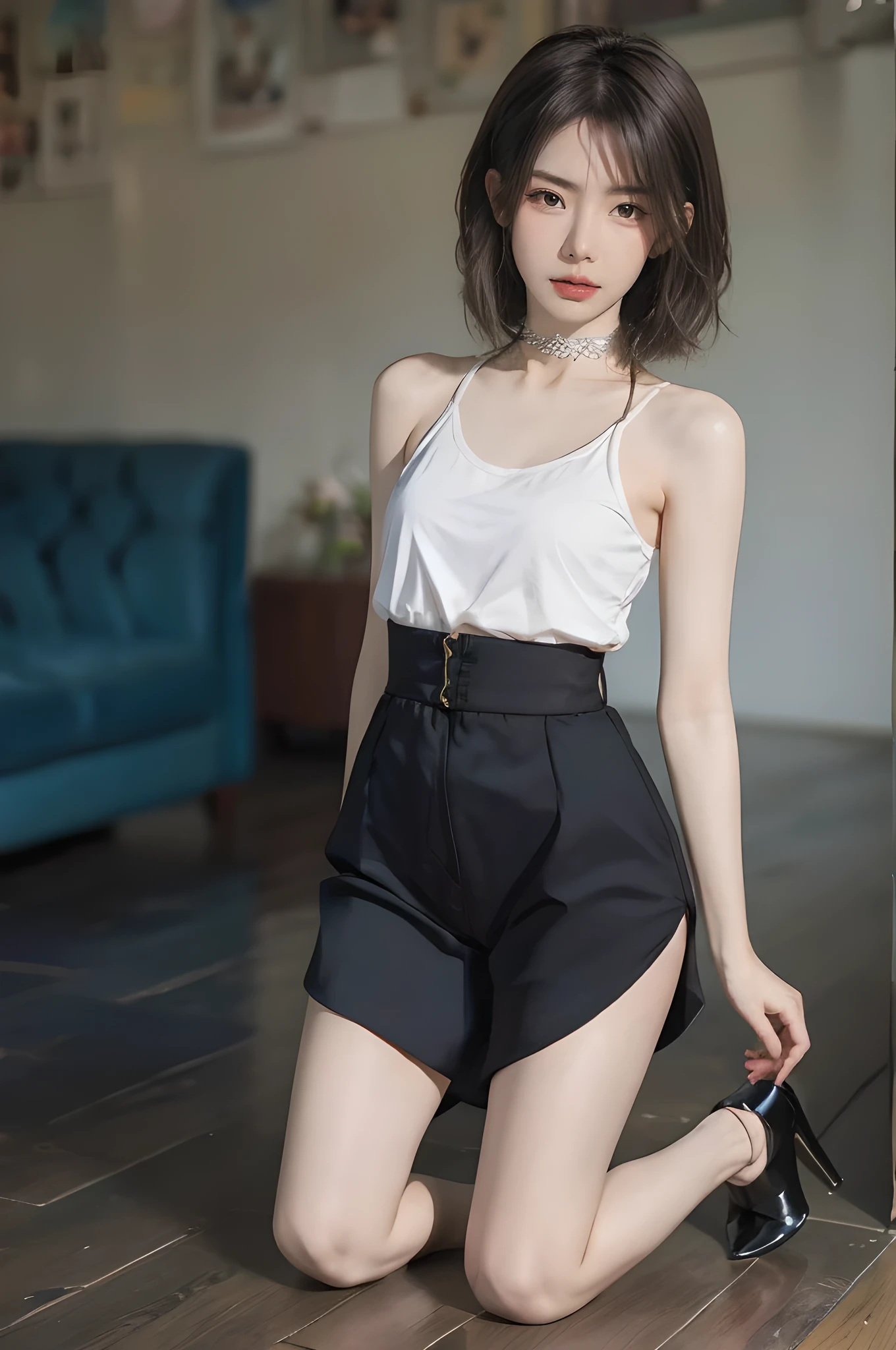 femboy, ((Masterpiece)), (Cute: 2.0), The face is extremely detailed, Enchanted expression, Strong gaze, Black Double French Braid, (Thin structure),Slightly round face,Tanned brown face, Healthy face, small eyes, Thin thighs, (Small chest), confident pose, harsh, Almond-shaped eyes, rich palette,choker necklace,3D,open-toe high heels, goddess,high heels, goddess, Lean-yet-toned body/androgynous body aesthetic, spasm,tgirl,large erect peni,dickie,penisS,trap,(, , large , testicles, large testicles, erection), CFemboy,Otoko no ko,OTOPIP,dickie in panties, bulge,black pantyhose,black stockings,big ass,kneeling,kneeling on the street,dynamic angle,devil,curvy waist, flat chest, navel,thick thighs,thighhighs, fat