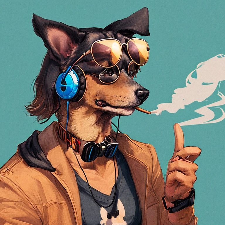 A dog smoking and wearing a sunglasses and wearing a headphone