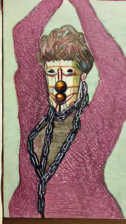 ((Background made up of chains and flowers))、scribble, nightmare, Doll-like face, Manga style, rough sketch, Horror elements, (masterpiece), (High resolution), (Very delicate), (clear), Manga style illustration, (drawing style), Japanese painting, My whole body is scary, (spooky), Japan sculpture,crazy illustration, Flat Illustration, spookyな外観, Characteristic hairstyle, Unique atmosphere、Small eyes、(Flat Chest), ((Muddy hair)),Chains wrapped around the body、(Stitched Body))、Open your arms,Skin full of stitches,restrained by thick chains、Colorful clown costumes、Bold Pose