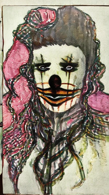 ((Background made up of chains and flowers))、scribble, nightmare, Doll-like face, Manga style, rough sketch, Horror elements, (masterpiece), (High resolution), (Very delicate), (clear), Manga style illustration, (drawing style), Japanese painting, My whole body is scary, (spooky), Japan sculpture,crazy illustration, Flat Illustration, spookyな外観, Characteristic hairstyle, Unique atmosphere、Small eyes、（Flat Chest）, ((Muddy hair)),Chains wrapped around the body、(Stitched Body))、Open your arms,Skin full of stitches,restrained by thick chains、Colorful clown costumes、Bold Pose
