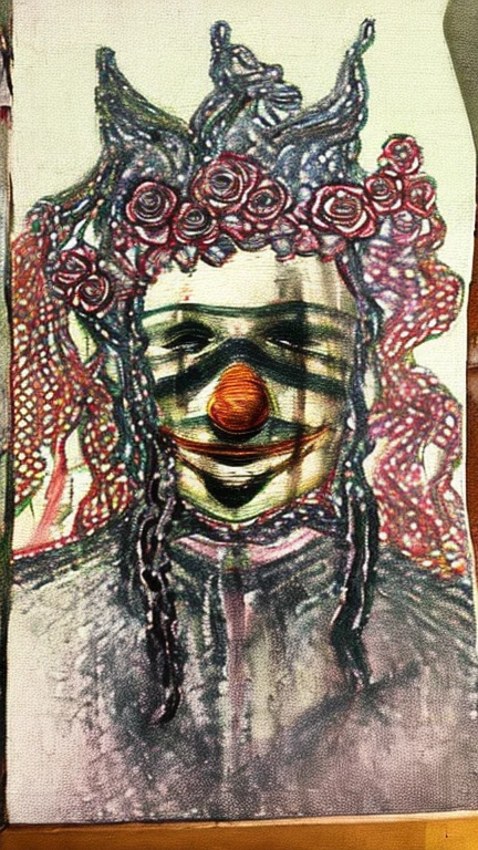 ((Background made up of chains and flowers))、scribble, nightmare, Doll-like face, Manga style, rough sketch, Horror elements, (masterpiece), (High resolution), (Very delicate), (clear), Manga style illustration, (drawing style), Japanese painting, My whole body is scary, (spooky), Japan sculpture,crazy illustration, Flat Illustration, spookyな外観, Characteristic hairstyle, Unique atmosphere、Small eyes、（Flat Chest）, ((Muddy hair)),Chains wrapped around the body、(Stitched Body))、Open your arms,Skin full of stitches,restrained by thick chains、Colorful clown costumes、Bold Pose
