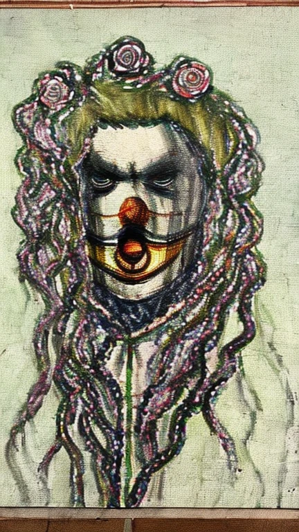 ((Background made up of chains and flowers))、scribble, nightmare, Doll-like face, Manga style, rough sketch, Horror elements, (masterpiece), (High resolution), (Very delicate), (clear), Manga style illustration, (drawing style), Japanese painting, My whole body is scary, (spooky), Japan sculpture,crazy illustration, Flat Illustration, spookyな外観, Characteristic hairstyle, Unique atmosphere、Small eyes、(Flat Chest), ((Muddy hair)),Chains wrapped around the body、(Stitched Body))、Open your arms,Skin full of stitches,restrained by thick chains、Colorful clown costumes、Bold Pose