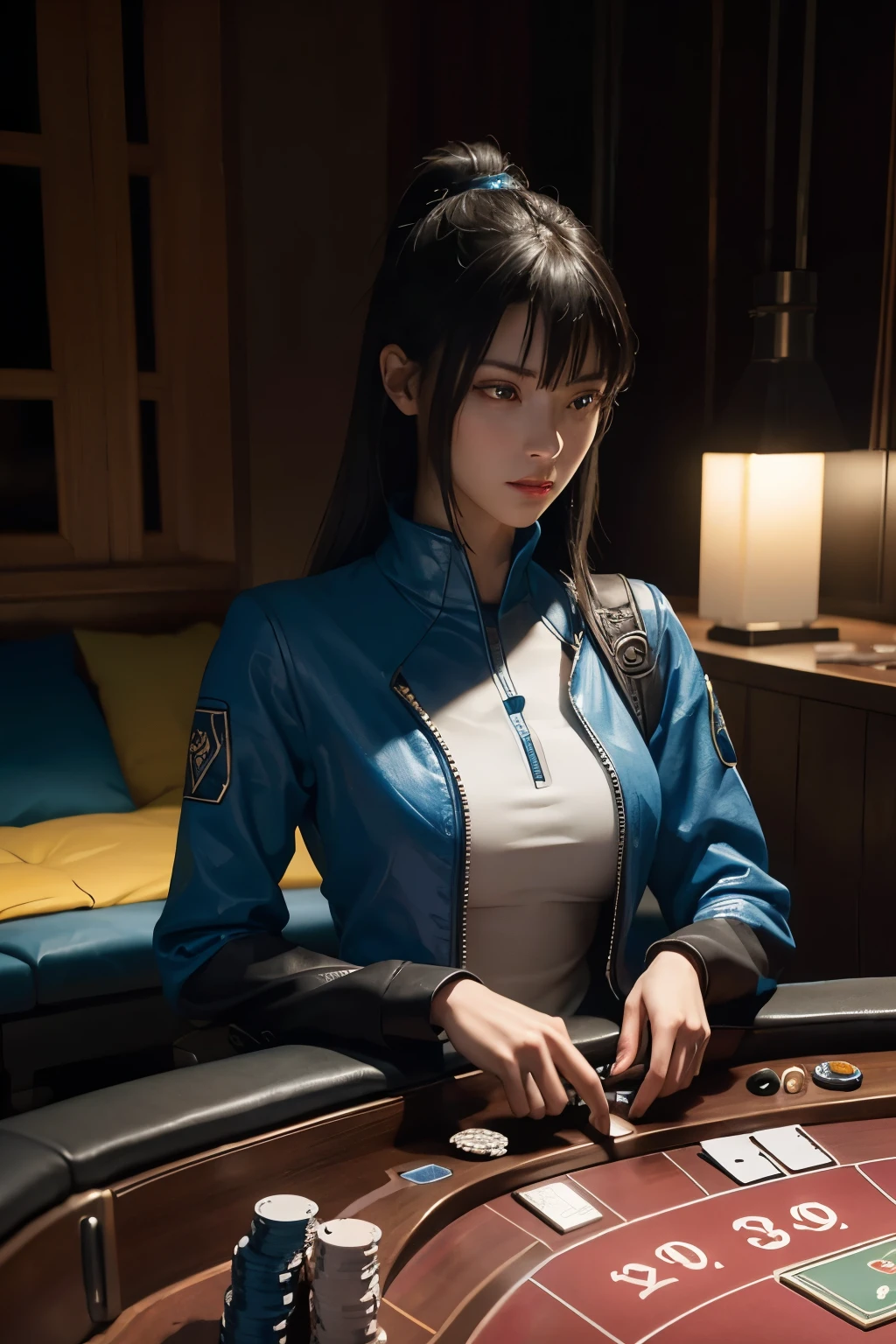 An avatar in a first-person poker game, clad in a sleek and contemporary outfit, sits confidently in the middle of a modern and brightly lit room. The warm yellow glow of the overhead lights illuminates every detail of the avatar's electronic form, casting reflections off the smooth surface of the poker table. Chips of various denominations are neatly arranged in front of the avatar, forming a small mountain of potential winnings. The realistic textures of the chips are enhanced by the high-resolution rendering and the use of ray tracing and PBR texturing, resulting in an immersive and lifelike gaming experience. The dynamic pose of the avatar, combined with the HDR