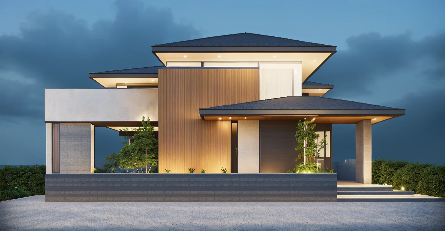 PLATFORM KTHOUSE, 1 morden villa, slope roof, main material of villa about build color wall:1.2 glass panel:1.1 and stone:1.2, 1large yard, 1 road runs in front of the house, (RAW photo, real, best quality, masterpiece:1.2), look morden minimalist, 1 road in front of the house, dynamic lighting:1.3, (hyper realistic, photo-realistic:1.2), high quality, (dark lighting:1.2), perfect lighting, archdaily, no human, light at 12 noon, light in door:1.2
