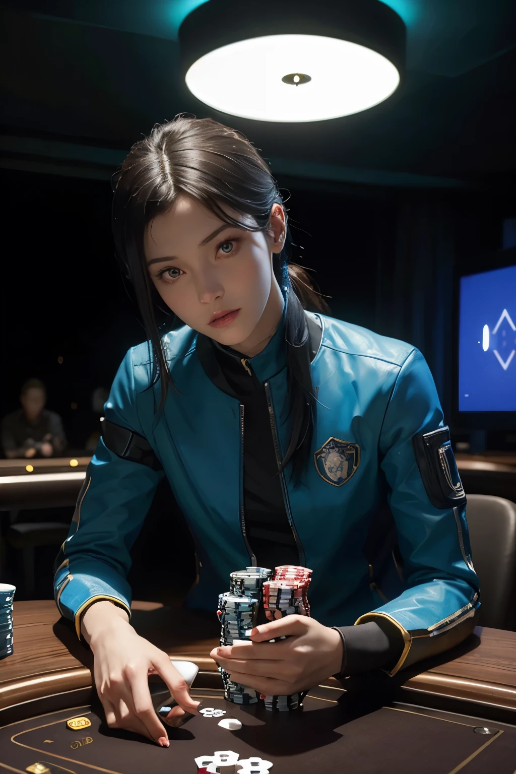 An avatar in a first-person poker game, clad in a sleek and contemporary outfit, sits confidently in the middle of a modern and brightly lit room. The warm yellow glow of the overhead lights illuminates every detail of the avatar's electronic form, casting reflections off the smooth surface of the poker table. Chips of various denominations are neatly arranged in front of the avatar, forming a small mountain of potential winnings. The realistic textures of the chips are enhanced by the high-resolution rendering and the use of ray tracing and PBR texturing, resulting in an immersive and lifelike gaming experience. The dynamic pose of the avatar, combined with the HDR