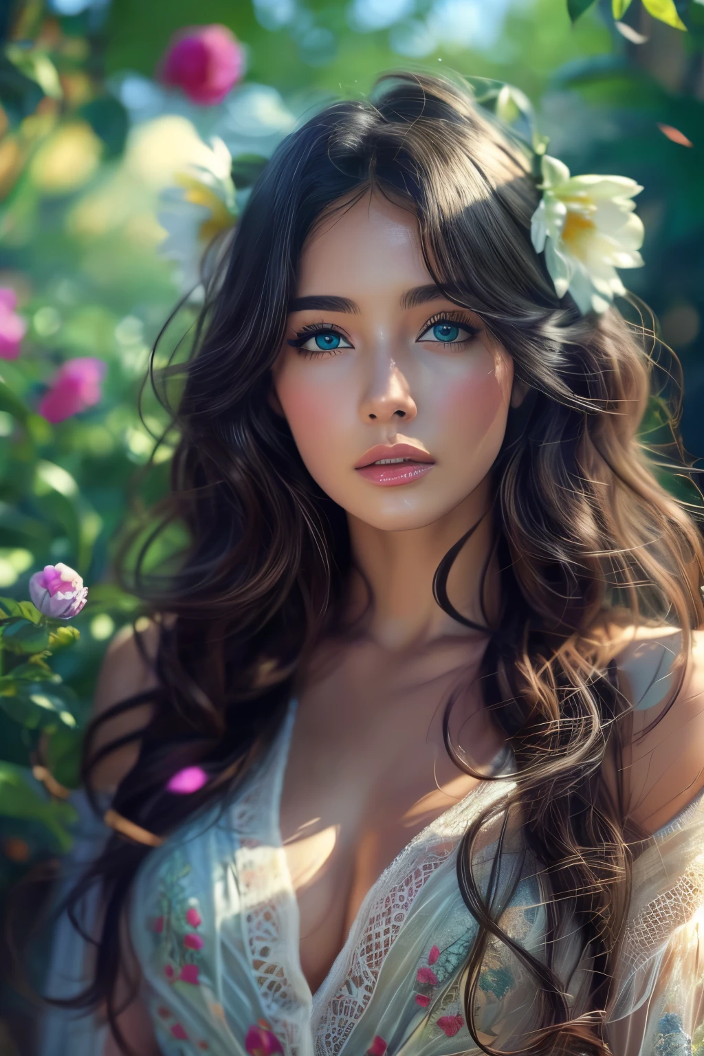 (best quality,4k,8k,highres,masterpiece:1.2),ultra-detailed,(realistic,photorealistic,photo-realistic:1.37),beautiful detailed eyes,beautiful detailed lips,extremely detailed blue eyes and face,longeyelashes,flowing hair,garden scenery,colorful flowers,butterflies flying,soft lighting,rich colors,medium: oil, high nose,  