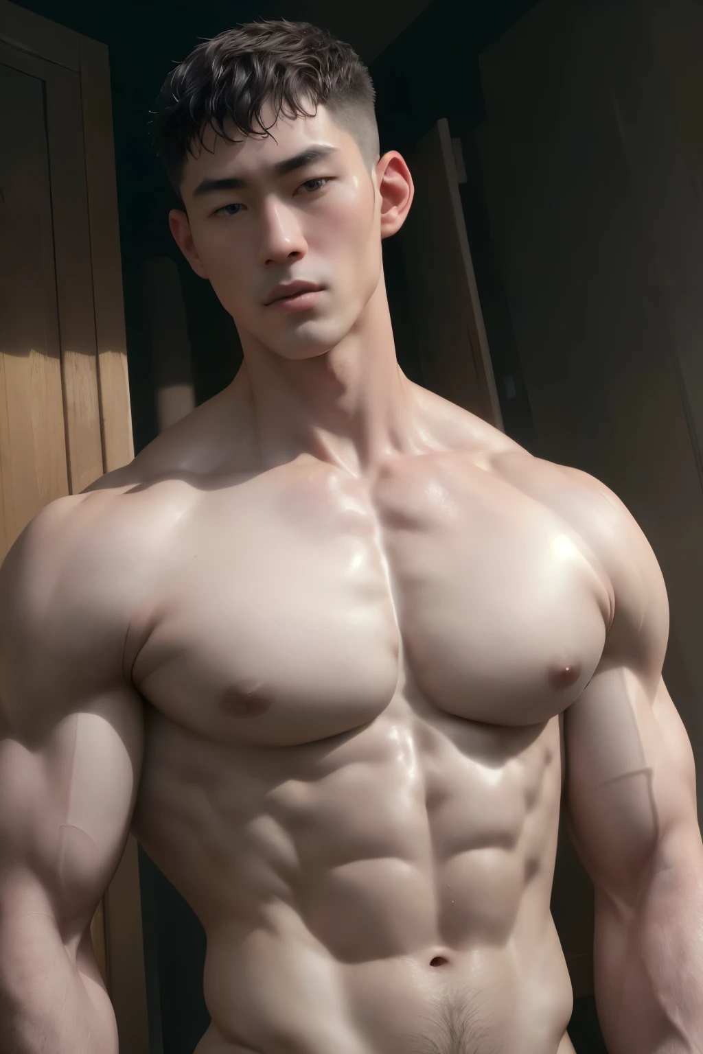(8k, RAW photo, best quality, masterpiece:1.2), (realistic, photo-realistic:1.4), ultra-detailed, (high detailed skin:1.2), short detailed hair, upper body,white skin, musculature, huge breasnese boy, musculature,Black hair,serius face,Handsome boy,