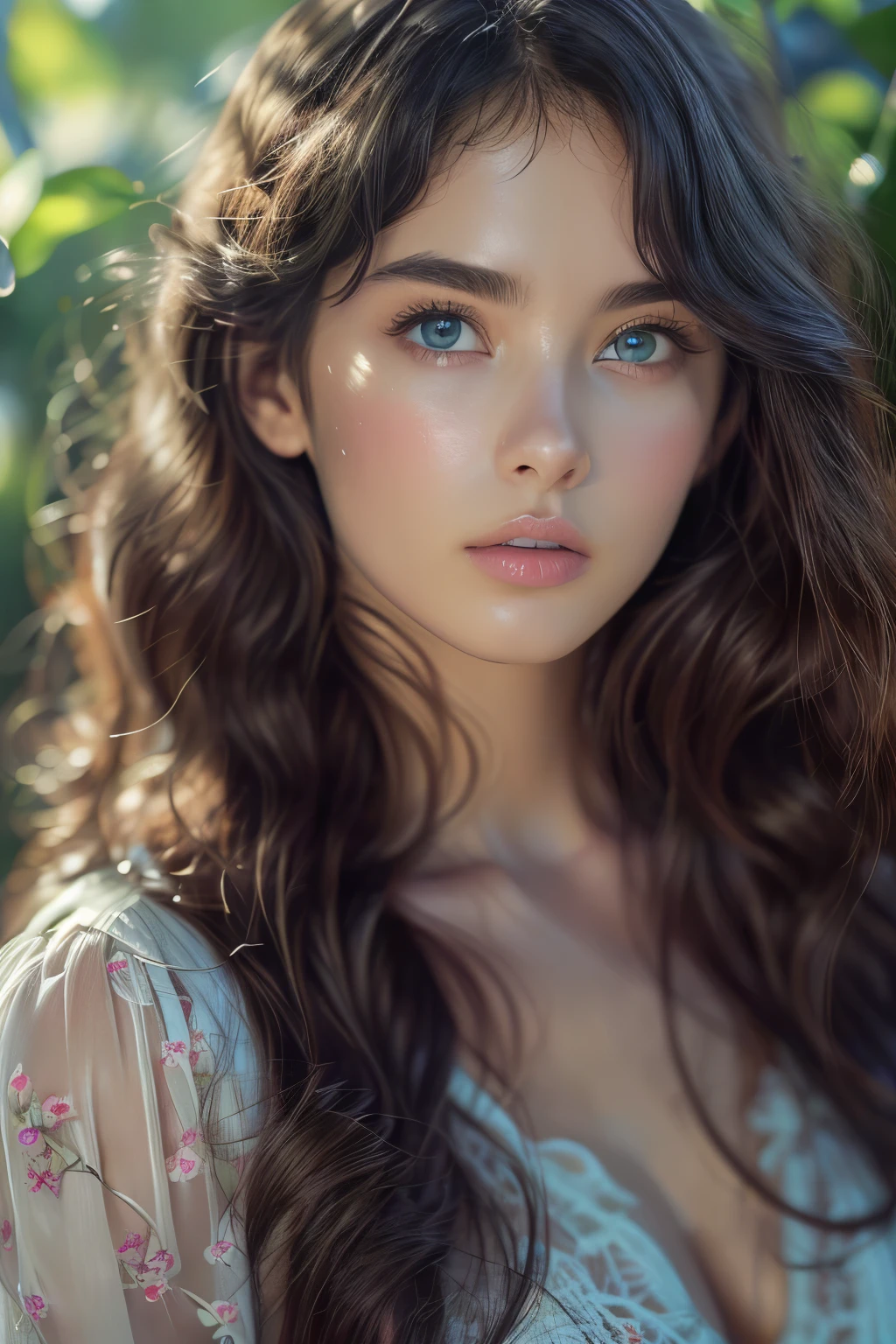 (best quality,4k,8k,highres,masterpiece:1.2),ultra-detailed,(realistic,photorealistic,photo-realistic:1.37),beautiful detailed eyes,beautiful detailed lips,extremely detailed blue eyes and face,longeyelashes,flowing hair,garden scenery,colorful flowers,butterflies flying,soft lighting,rich colors,medium: oil, high nose,  