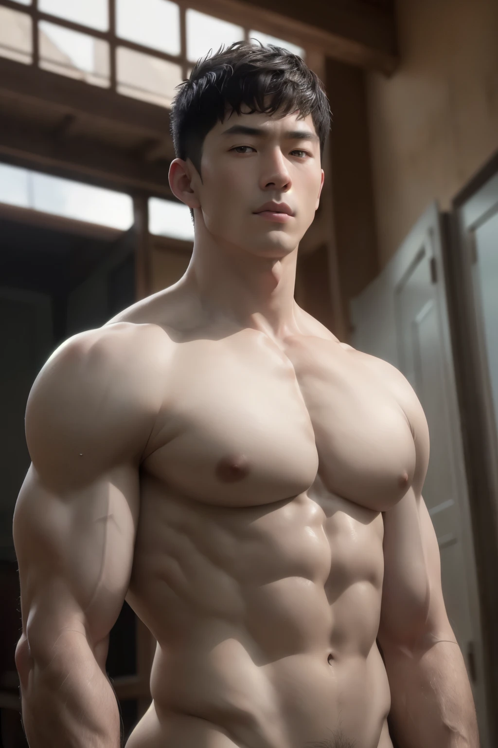 (8k, RAW photo, best quality, masterpiece:1.2), (realistic, photo-realistic:1.4), ultra-detailed, (high detailed skin:1.2), short detailed hair,Naked upper body,white skin, musculature, huge breast, Chinese boy, musculature,Black hair,serius face,Handsome boy,
