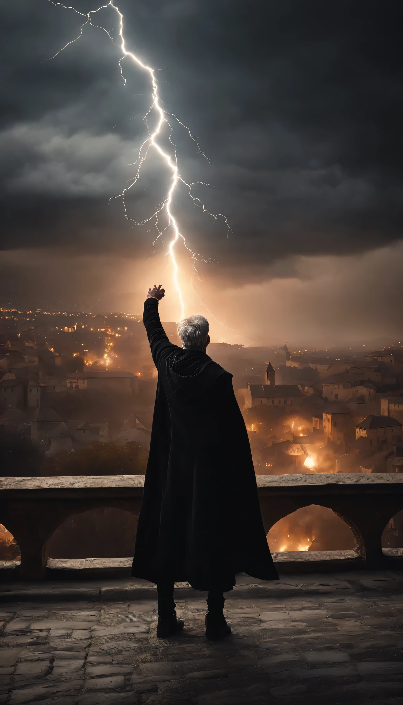 8k, close distance portrait, a male wizard with black clothes and grey short hair from behind, hand up to the sky, throwing a super massive thunder from his hand to the medieval city in the distance from hill, the thunder exploded in the city with a burning medieval city background the distance, city destroyed and burning