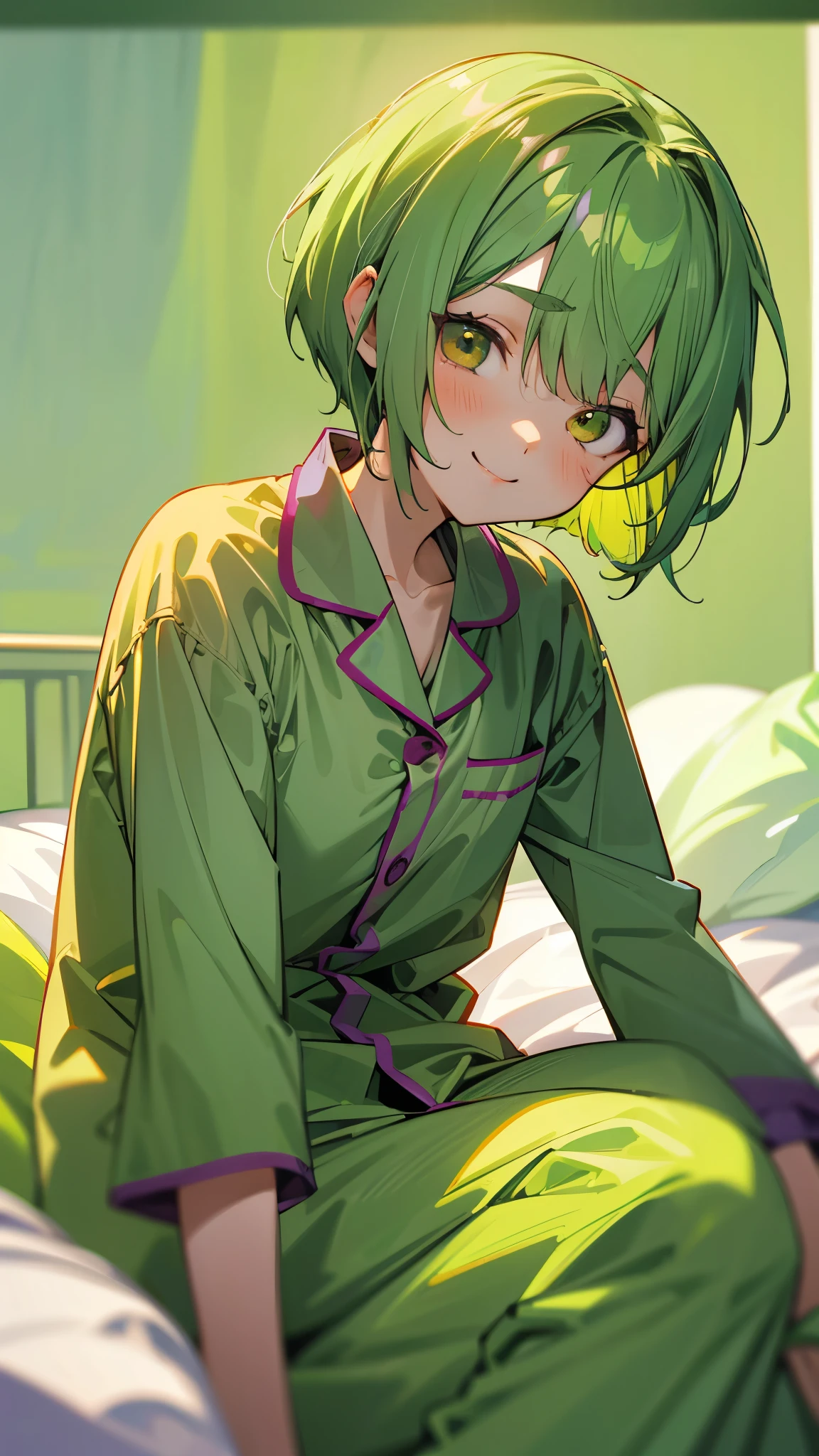 18-year-old girl sitting on bed、alone、Anime style painting、Wearing pajamas、Yellow-green hair，Beaver、short hair、Gentle droopy eyes、smile、smile、The soft texture of pajamas、Upper body close-up、Green and purple colours、Background Blur、Depth of the drawn border