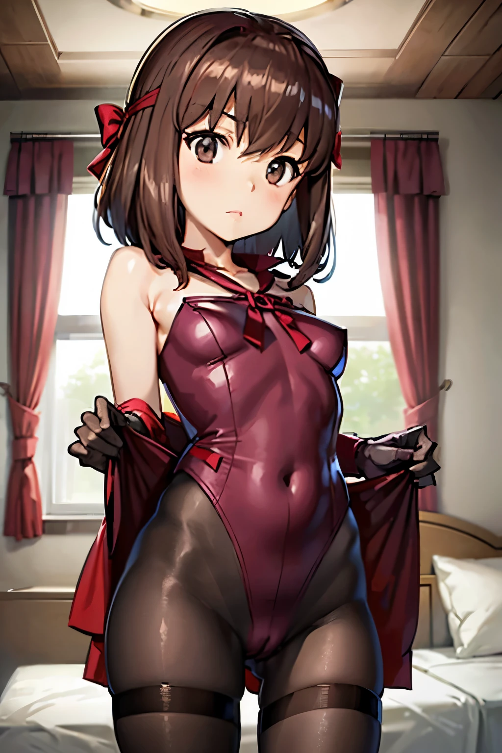 Taeko Kondo、Girls&Panzer、Brown Hair、Short Hair、((pantyhose))、Photo from below、Medium chest、Bedroom、(Doronjo)、Red ribbon、Black long gloves、leotard