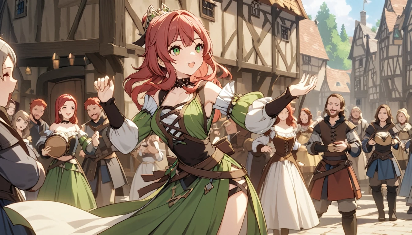 Young and beautiful woman, fair skin, short fantasy red hair, emerald green eyes, medieval bard clothes, dancing in a medieval village with people while playing a tambourine