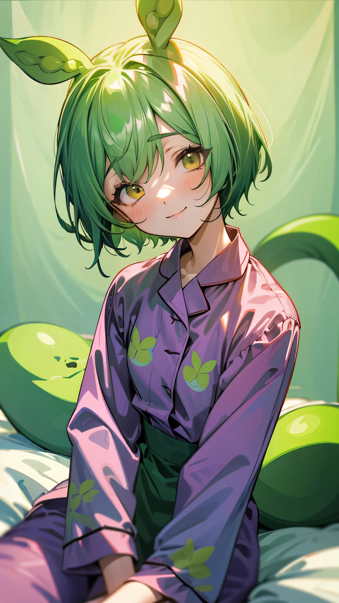 18-year-old girl sitting on bed、alone、Anime style painting、Wearing pajamas、Yellow-green hair，Beaver、short hair、Gentle droopy eyes、smile、smile、The soft texture of pajamas、Upper body close-up、Green and purple colours、Background Blur、Depth of the drawn border