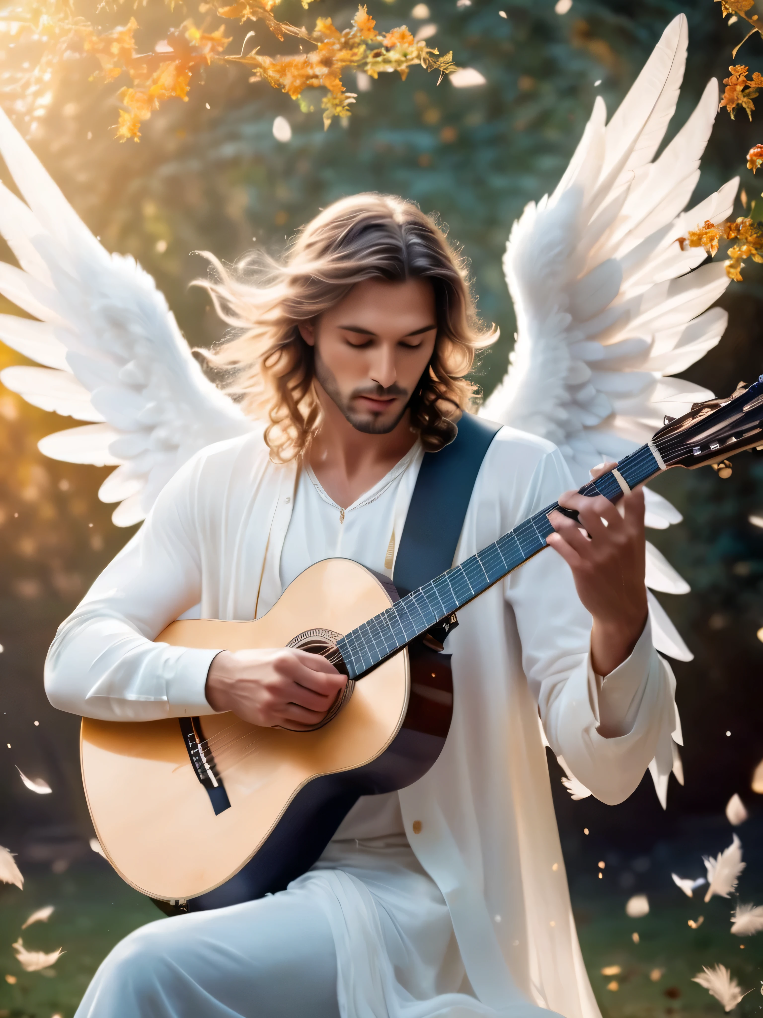 (best quality,4k,8k,highres,masterpiece:1.2),ultra-detailed,(realistic,photorealistic,photo-realistic:1.37),magical,mythical, male angel,A male angel playing a guitar with tremendous passion and emotion,sparkling,icy strings,magical,enchanted guitar ,hazy,wisps of colorful smoke rising from the guitar ,glittering,magical notes floating in the air,ethereal,icy garden filled with vibrant flowers and snow covered trees,floating,icy petals swirling around the male angel, ethereal,magical dust twinkling in the sunlight,fleeting,icy little dragons fluttering around the male angel,ethereal,soft and warm sunlight illuminating the scene,dreamlike,soft pastel colors creating a dreamy atmosphere,immersive,delicate details on the Angel's wings and clothing,flowing,graceful movements as the Angel's fingers dance across the guitar strings,serene,peaceful expression on the Angel's face as He loses himself in the music,whimsical,a sense of magic and wonder permeating the entire scene,fantastical,otherworldly beings peering out from behind the trees,enchanted,falling leaves transforming into snow,icy guitar notes as they drift through the air.