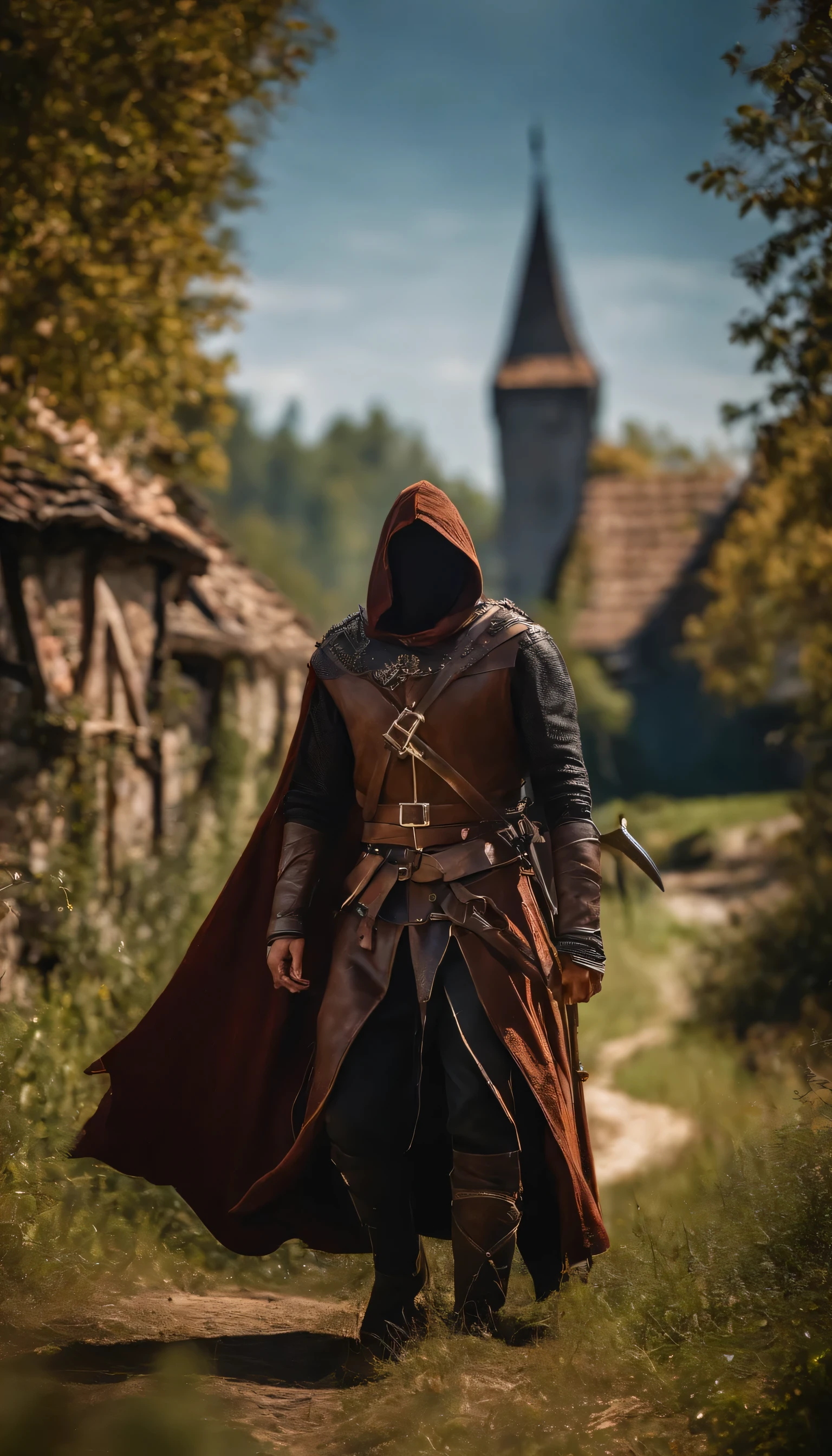 Realistic, 4k, rogue assasin with leather armor, Hood on head croaching in a medieval village in sunny day holding a scythe weapon