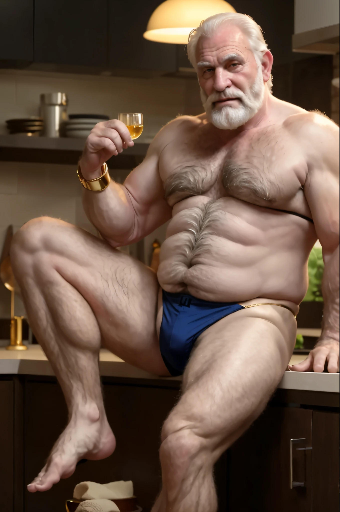 mature old man, virile, tough, plump, bulging, argentine, grandpa, blue eyes, hairy, furry white body hair, pale skin, rolex watch, gold jewelry, red micro thong lingerie, barefoot, big feet, full body, intricate details, pervert teasing smirk, kitchen