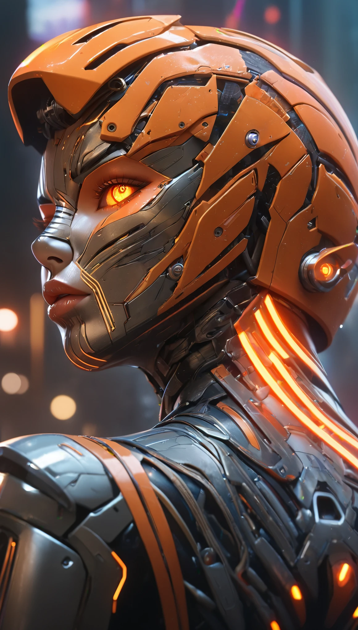 (best quality,4k,8k,highres,masterpiece:1.2),ultra-detailed,(realistic,photorealistic,photo-realistic:1.37),(from behind:1.5),1 android girl, beautiful detailed eyes, beautiful detailed lips, extremely detailed eyes and face, longeyelashes, metallic skin, mechanical body,sleek design,fierce expression,tiger-inspired features,striking orange and black stripes,glowing neon lights,wisps of exhaust smoke,urban sci-fi setting,gritty atmosphere,city skyline in background,high-tech gadgets and accessories,visually stunning,concept artists,impressive digital artwork,vivid colors,dynamic perspective,dramatic lighting,emitting ethereal glow,sharp focus,extraordinary details,highly detailed robotic limbs,sleek and polished surface,industrial style,enhanced strength and agility,androids resembling wild animals,mixture of beauty and power,exuding a sense of mystery,intense and captivating scene,blurring the boundaries between machine and nature, (glowing tiger eyes:1.5)