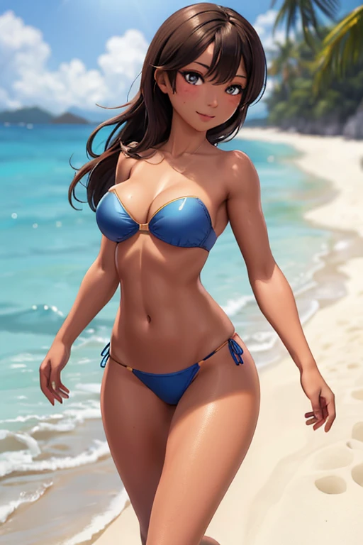 8K, (best quality:1.3), (masterpiece:1.3), (detailed:1.2), ultra high res, colorful, extremely detailed eyes and face, beautiful detailed eyes, 1girl, solo, (26 year old:1.3), (Filipino Woman:1.3), (tanned bronze skin:1.03), (short black hair:1.3), (Amber eyes:1.2), (Detailed face:0.97, (Detailed eyes:1.09), (tanned bronze skin:1.08), (Wearing: Strapless Blue bikini bra, Blue Bikini bottom:1.2), (agile physique1.05), (Character Focus),Perfect Anatomy,(Professional Lighting), Looking at Viewer,(Walking), (Smiling),blush,(super detailed skin), dynamic pose, (Background: outdoors, beach of the Philippines), full body,