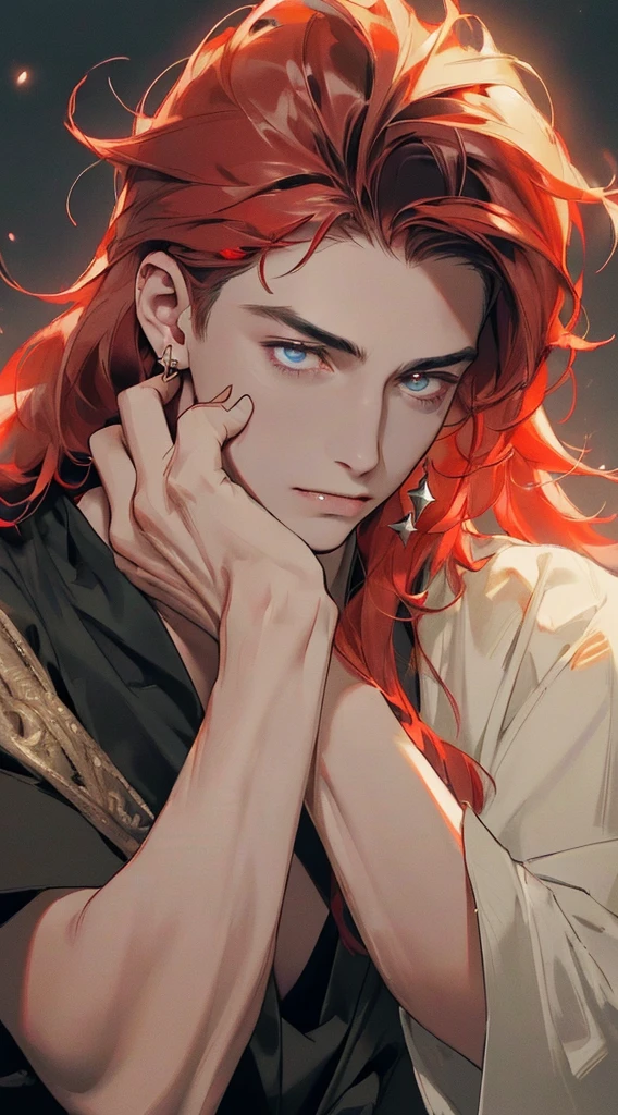(((8K, RAW photogr, Best quality at best, tmasterpiece: 1.4))), Ultra-high resolution, ultra - detailed, lamplight, Close-up cleavage, Handsome men, gold eyes, (Detailed eyes, The eyes are bright:1.2), Medium long red hair, pale-skinned, ear piercings, Dark, Blackn clothes, Meticulous clothes, gold accessories on clothes, Sharp fangs, (perfect anatomia:1.2), Highqualityshadow,  natural  lightting, (White highlights:1.2), natta, overcast day, (Hand:1.2), (starrysky:1.2)