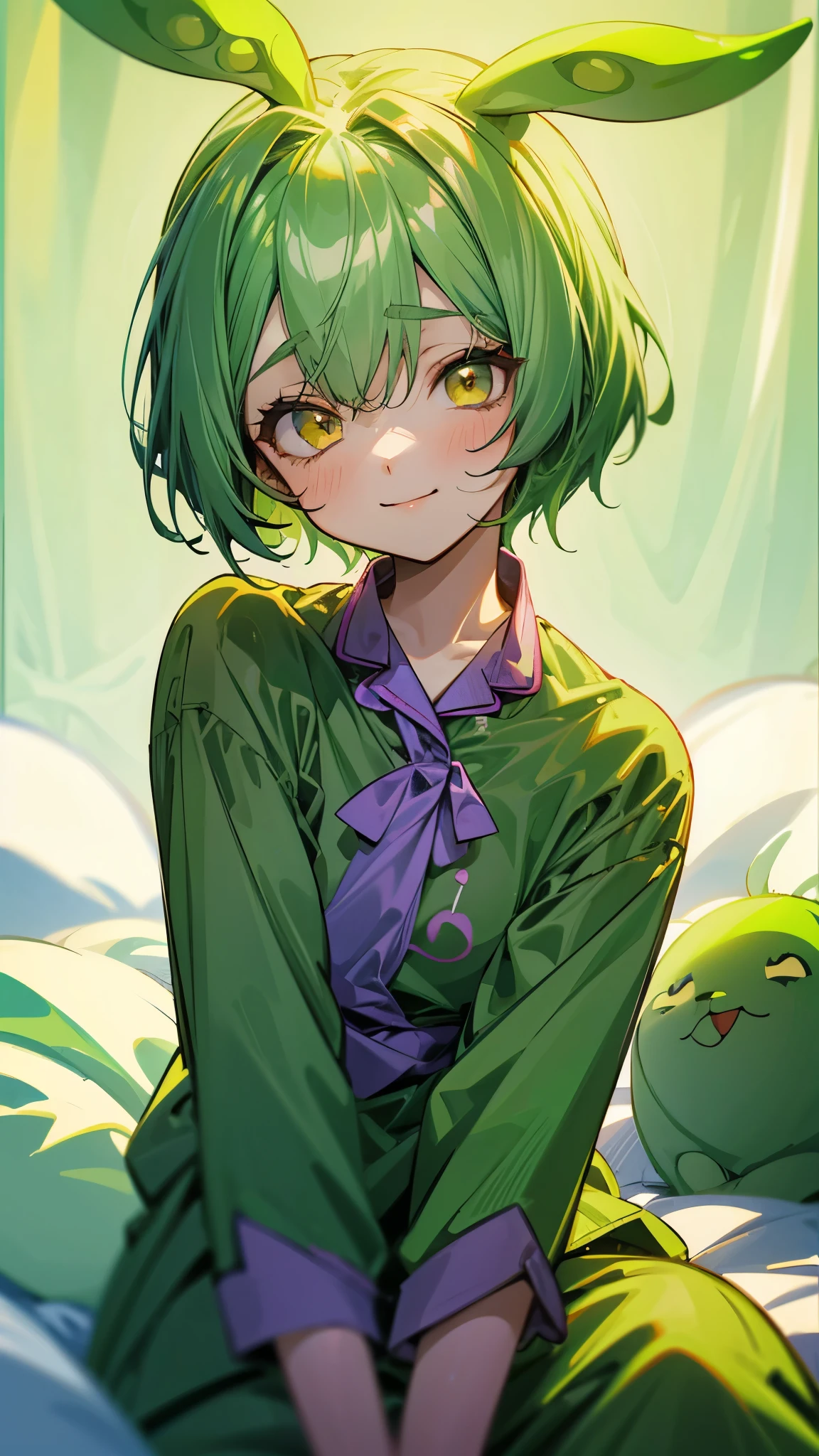 18-year-old girl sitting on bed、alone、Anime style painting、Wearing pajamas、Yellow-green hair,Beaver、short hair、Gentle droopy eyes、smile、smile、The soft texture of pajamas、Upper body close-up、Green and purple colours、Background Blur、Depth of the drawn border