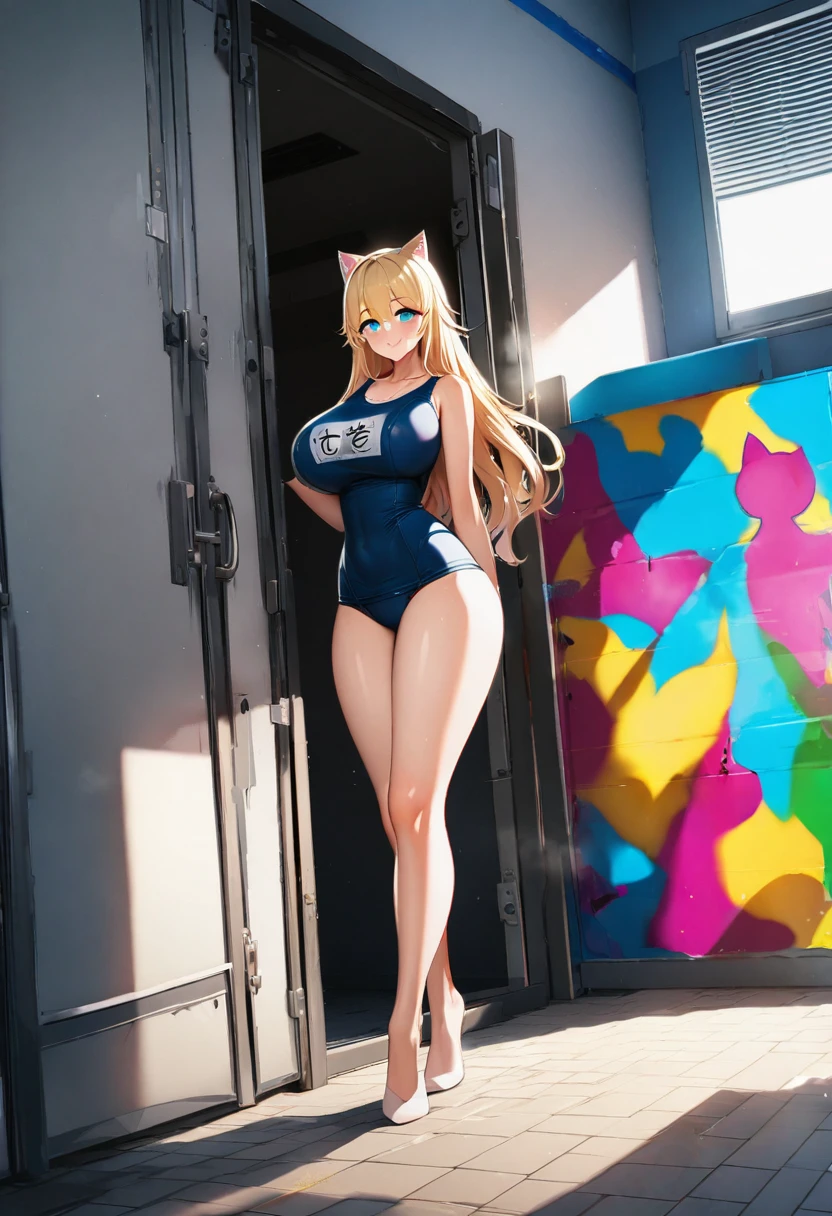 (masterpiece:1.2, best quality), (highly detailed), gym locker room, 1girl, 13yo girl, , long legs, long hair, blonde, (School Swimsuit cat hoodie)), standing, smile, Original Character, Volumetric Lighting, Best Shadows, Shallow Depth of Field, (Highest Quality, Amazing Details:1.25), Brilliant Colorful Paintings (Huge breasts: 1. 2,),