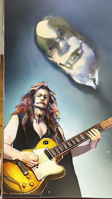 (masterpiece), (High resolution), (Very delicate), (masterpiece: 1.2, highest quality), ((Girl Playing Guitar)), Dark atmosphere, Flat Illustration, Creepy Appearance, A very large head of dreadlocks, Messy Hair、Angle from below、(Les Paul)、(Place one&#39;Put your foot on the speaker)、Wearing clogs、Looking at the camera
