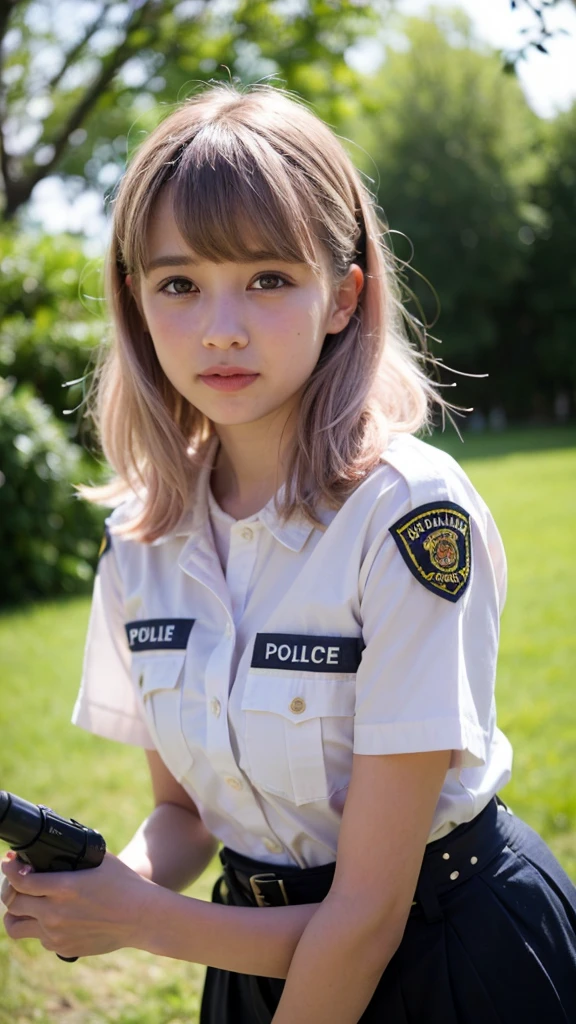 raw photo, a photograph of Vanuatuan 1girl, (wear a  police uniform shirt :1.3), short blue skirt, blue navy colour police uniform,microphone walkie-talkie on the side shoulder, gun on the side waist, happy, cinematic angle, (cinematic shadows, bokeh, depth of field:1.3),
(baby pink hair, bob medium long hair:1.25),
in the park
summer,
evening,
NaturalHand2-3500, natural skin texture, hyperrealism, hdr, hyperdetailed, RAW photo, photorealistic, best quality, highres, realistic, 8k, caustics, dynamic light, beautiful and delicate lips, delicate fingers, detailed pupil, real human skin,