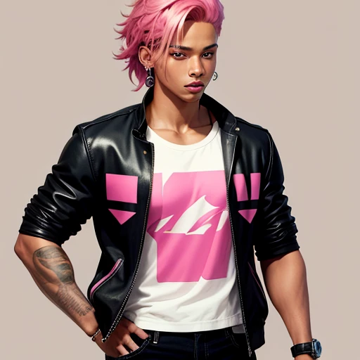 Fnf Style ,Human Male ,pink hair , Brown Skin 