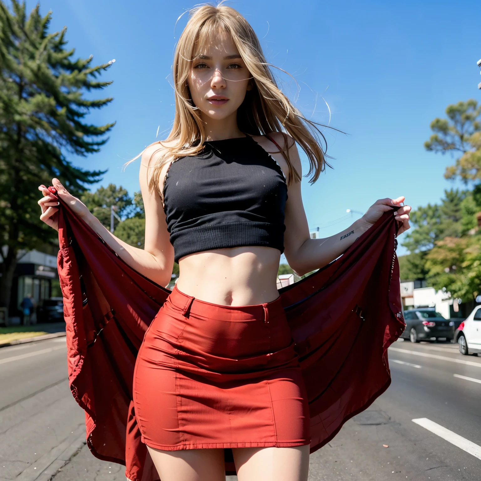 (YES SFW), sofiax wears a long red skirt, skirtlift.