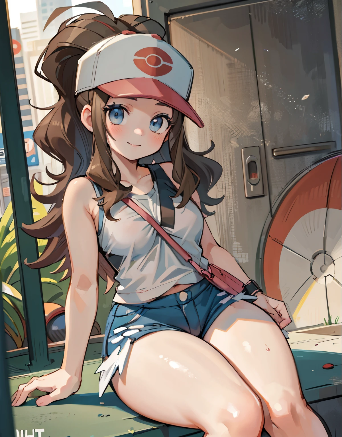 (best quality, highres, masterpiece:1.2), ultra-detailed, realistic:1.37, sketches, hilda pokemon, def1, age girl, sitting on her knees, curvy, visible thighs, chubby thighs, thick thighs, thighs in the foreground, body shape, dirty underpass, underpass, scary underpass, sentada junto a un hombre, hombre tocando su cuerpo, curious look, pokeballs, smile, encanto femenino, downblouse