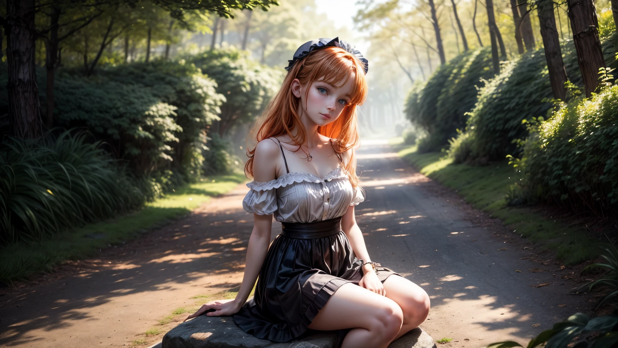 8k, masterpiece, ta, ginger hair, ginger eyebrows, she's looking at us, bare shoulders ,delicate legs, black skirt, looking at the viewer, Looks straight into your eyes, her gaze is directed at you,Sunlit, Frolicking happily, small smile, colorful Dress with skirt, frickles, pine forrest on a windy day, sunlit day, Sitting on a stone, marking on us
