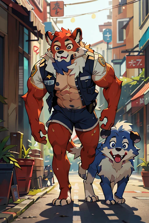 top quality, best quality, super high resolution, detailed background, magazine cover(highly detailed beautiful face and eyes)absurdres, perfect anatomy((angelic nice 1boy, kemono, solo focus, muscle man, beard))(((furry)))(furry anthro:1.7)((((Furry body, dog facial features, dog body features))))((very detailed body fur))full body(dignified)police officer, SWAT, street, muscle, facial hair, volumetric lighting, depth of field, gasping for air, raised crotch, navy blue police shorts, ((black police uniform)) police open vest, open vest, shirtless, barefoot, full body