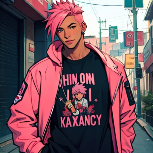 Fnf Style ,Human Male ,pink hair , Brown Skin ,