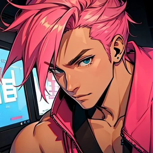 Fnf Style ,Human Male ,pink hair , Brown Skin ,