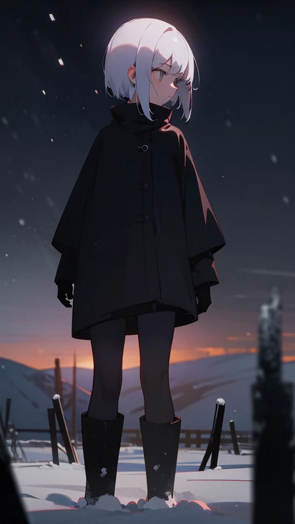 (masterpiece、highest quality)、Short nape hair、1 girl with very short white hair、Black cardigan、Grim expression、Grey Eyes、Warm lighting、 Blurred foreground、Deep in the night、High Contrast、night,snowing,Heavy snowfall,winter,Alone in the vast snowy field,whole body,curse,Facing forward,Huge construction,moon,blue sky