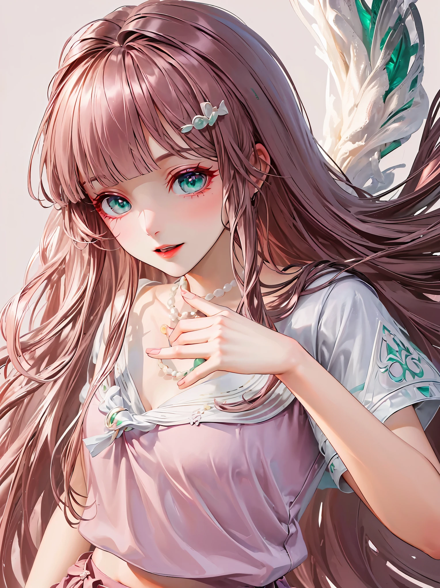 {{{{masterpiece}}}}, {{{Super detailed}}}, {{{high resolution}}}, {{good anatomy}}, (((best quality))),((emerald eyes,brown hair)),{{Extremely detailed and refined}}, {4k CG wallpaper}, {{illustration}}, ((pearl pink hair,JK)),(((face portrait,detailed face,bigger eyeballs,bust))),(long hair|Detailed hair|blunt bangs|shiny hair),(((serafuku,sailor shirt,skirts))),{{{emotionless face,mature}}},(lesbian,JK,1 woman:1),(Color difference:1.2),(small breasts),(simple background)