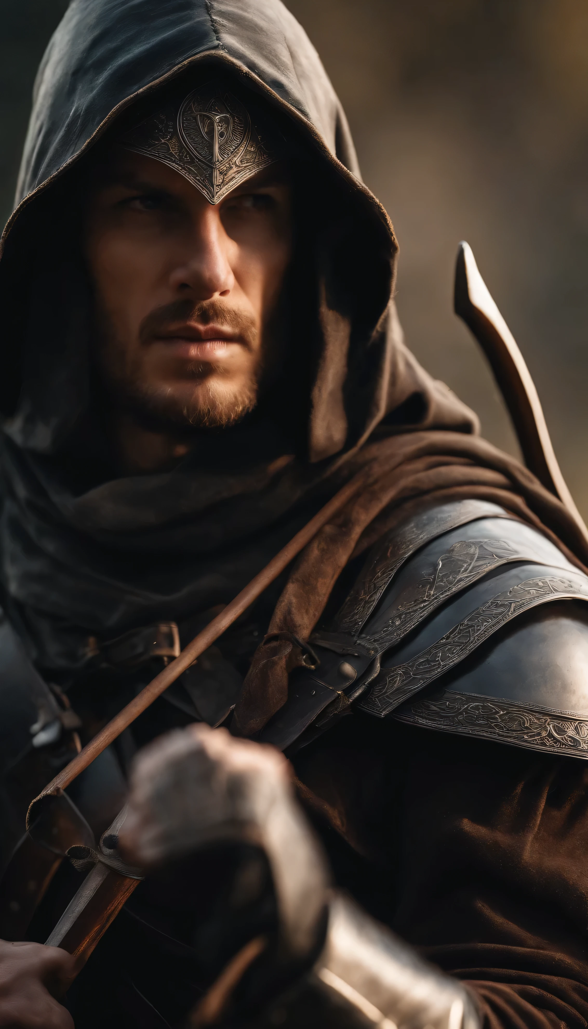 Realistic, 4k, rogue assasin with leather armor, Hood on head croaching in a medieval battlefield in sunny day holding a bow
