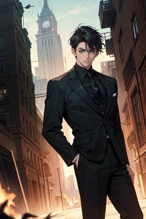 ((One man with a black suit and tie)), gotham, 1980s, alejandro, (((one-side swept black short hair))), (dark green eyes and thick eyebrows), smirk, ((20 years old)), ((masterpiece)), posture dynamic,